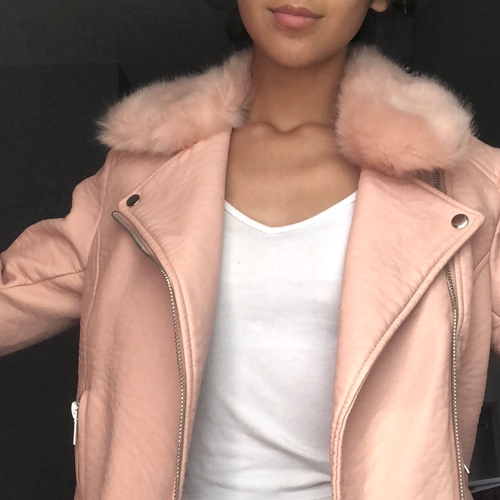 Pink furry faux leather moto jacket